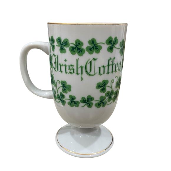 Funny 1970s Shamrock Irish Coffee Mug Lucky Clover White Porcelain Cup Gold Trim - Picture 1 of 12